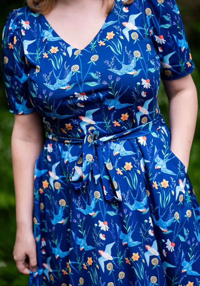 Celandine Swallows Print Full Skirt Dress