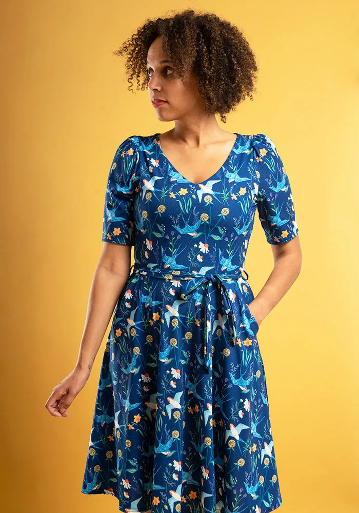 Celandine Swallows Print Full Skirt Dress