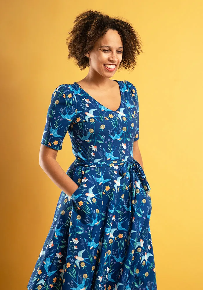 Celandine Swallows Print Full Skirt Dress