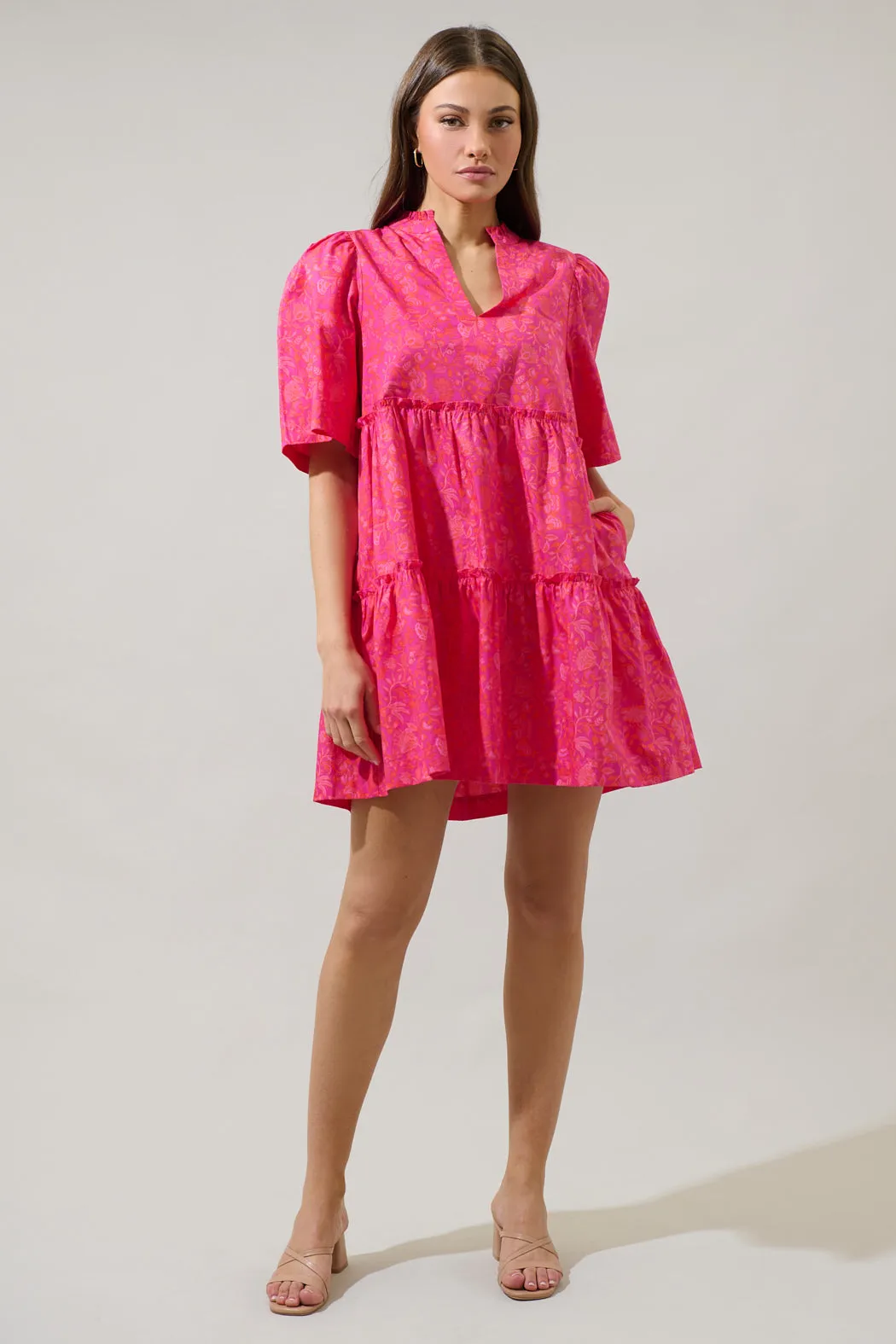 Cerise Floral Dixie Split Neck Shift Dress