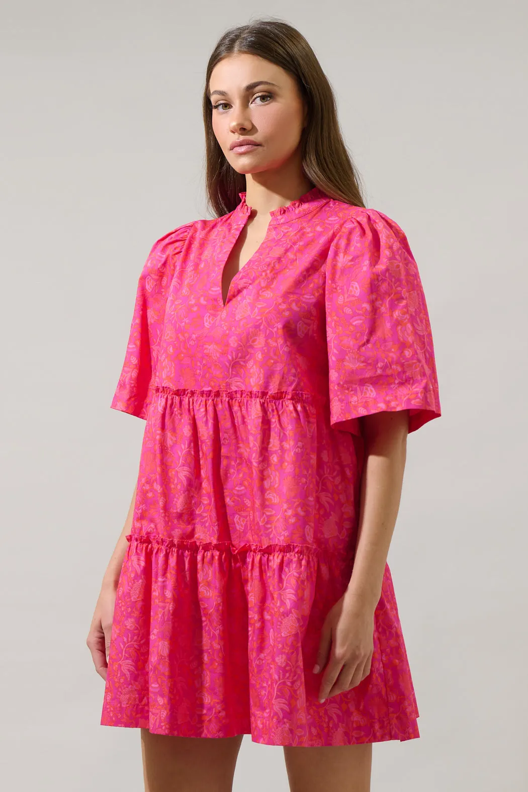 Cerise Floral Dixie Split Neck Shift Dress