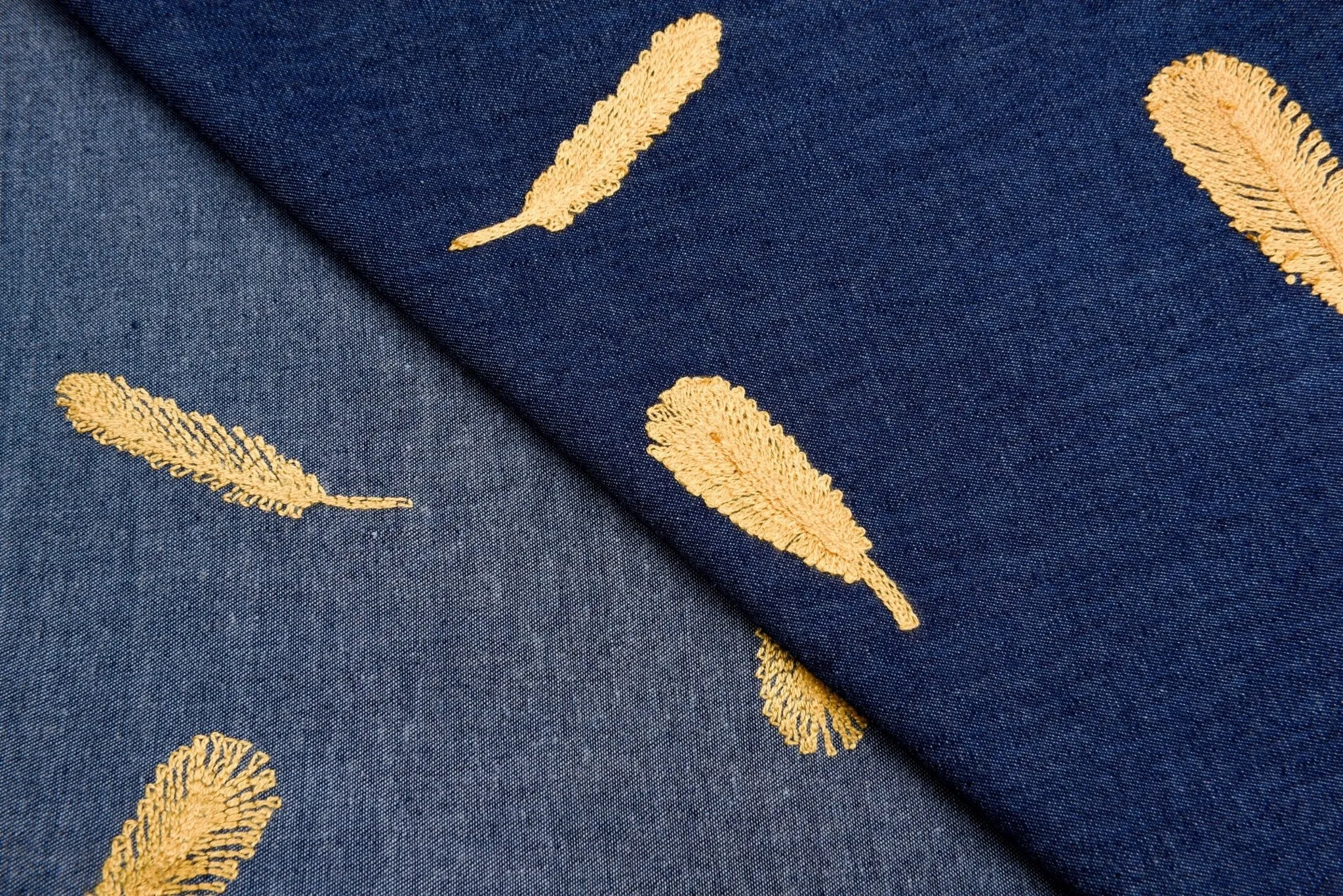 Chambray Denim Fabric with Feather Embroidery CEAE055