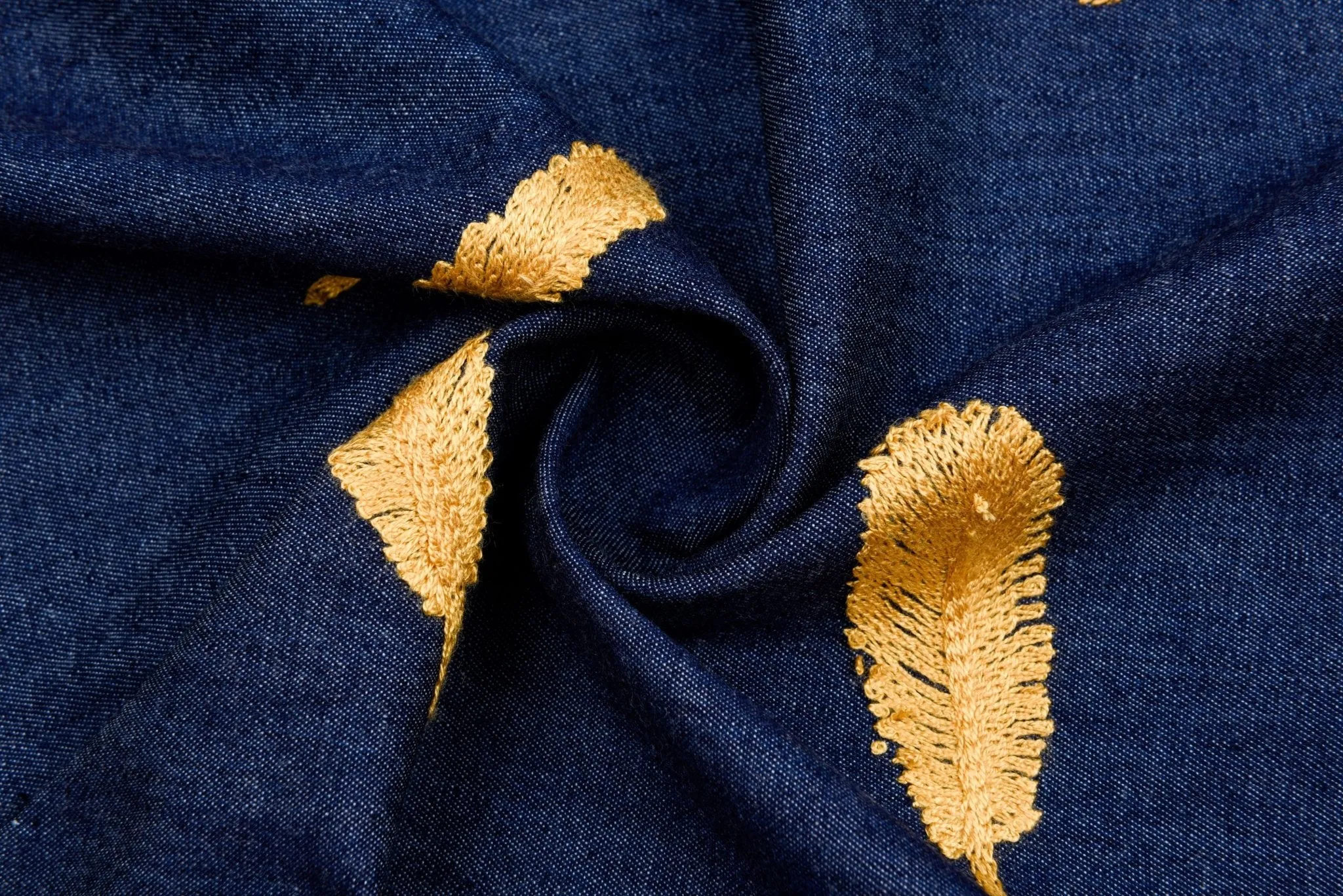 Chambray Denim Fabric with Feather Embroidery CEAE055