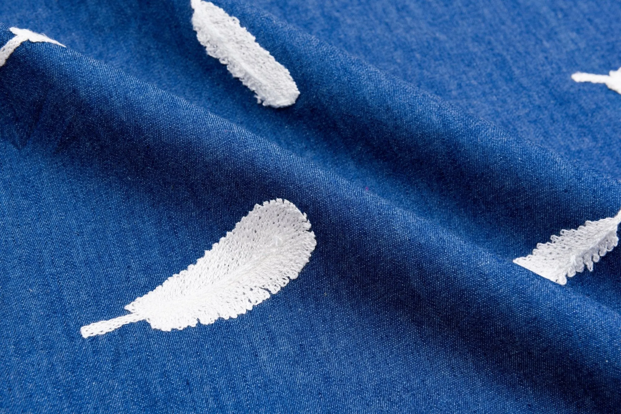 Chambray Denim Fabric with Feather Embroidery CEAE055