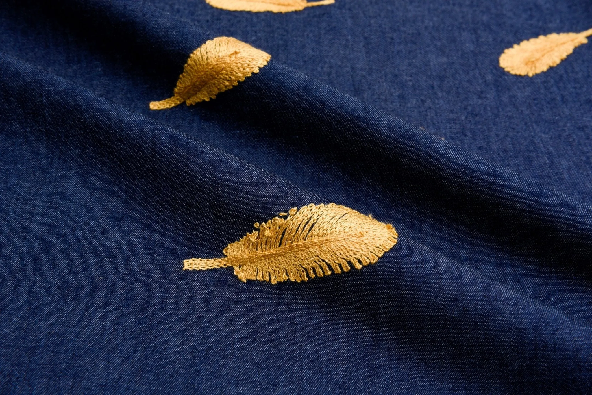 Chambray Denim Fabric with Feather Embroidery CEAE055