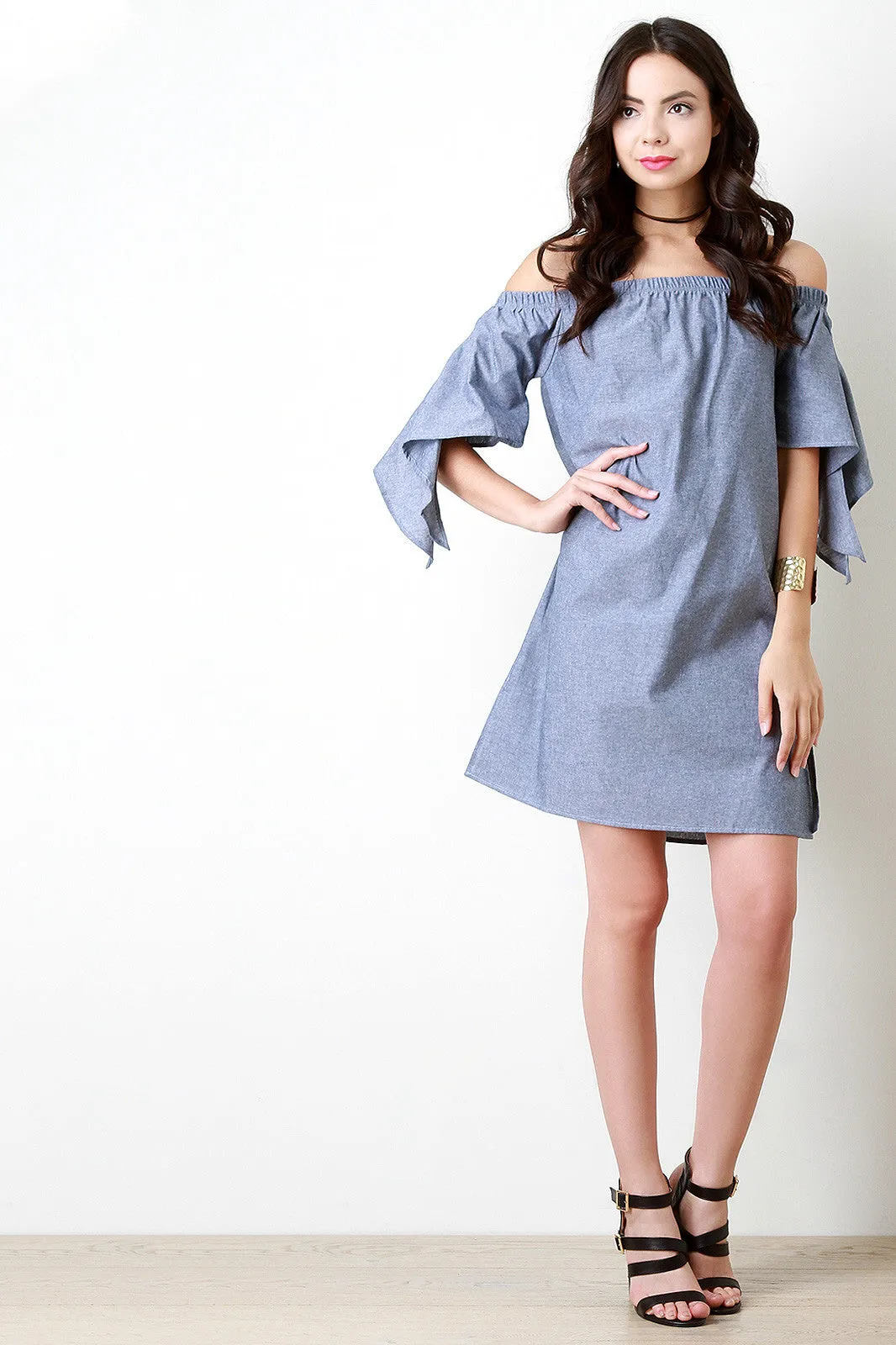 Chambray Off The Shoulder Slit Sleeves Dress