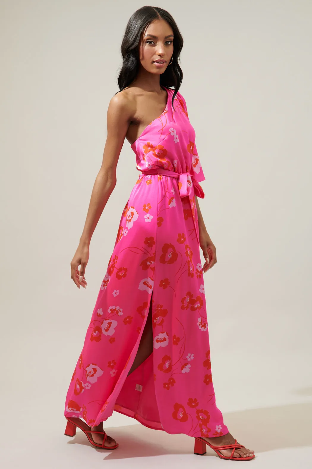 Cherry Blossom Meara One Shoulder Satin Maxi Dress