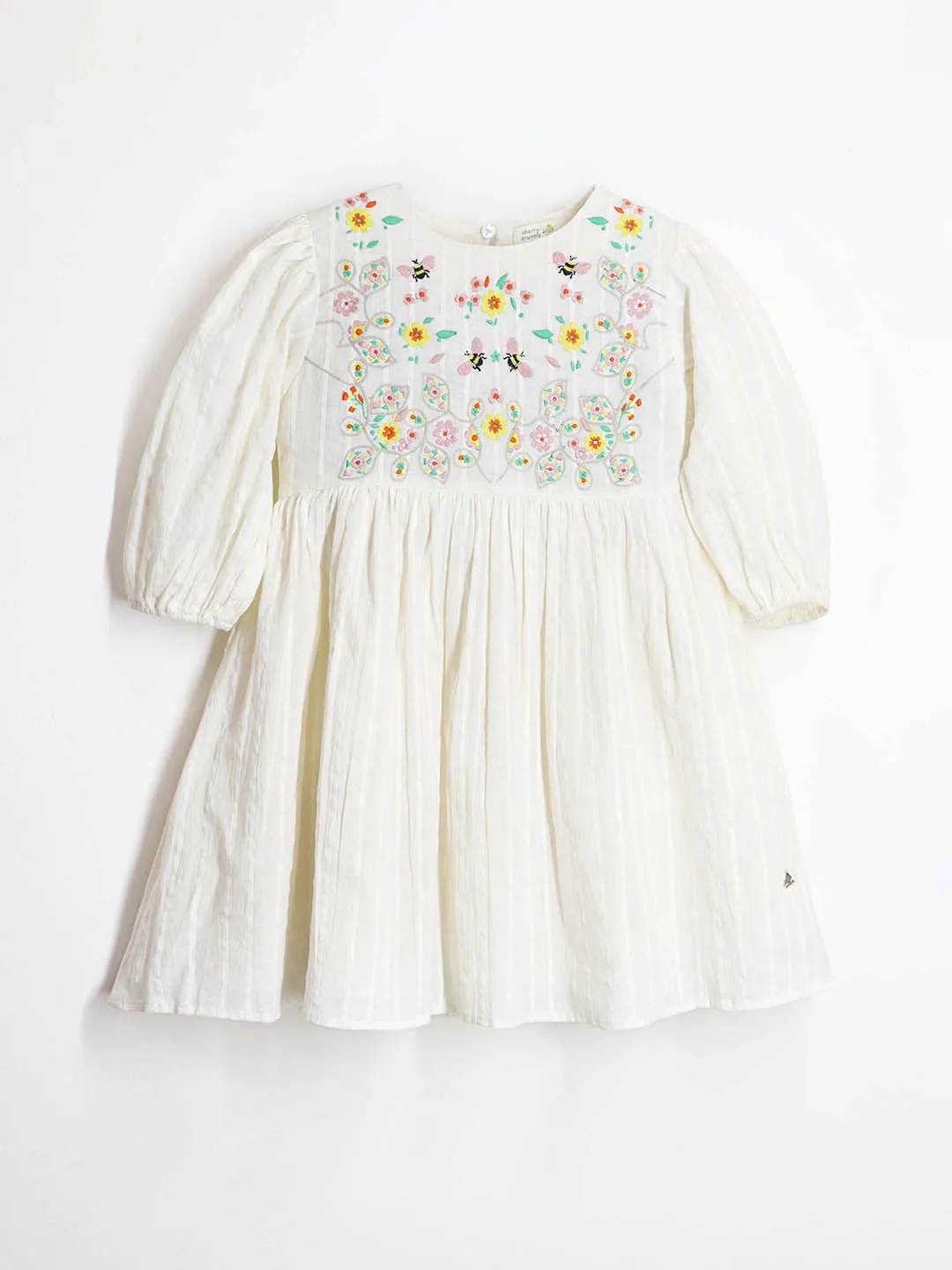 Cherry Crumble Cotton Cream Round neck with Zipper Closure embroidered Fit & Dress Flare For Girls