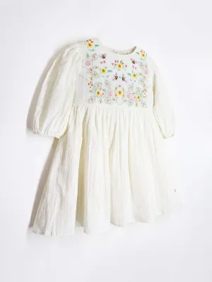 Cherry Crumble Cotton Cream Round neck with Zipper Closure embroidered Fit & Dress Flare For Girls