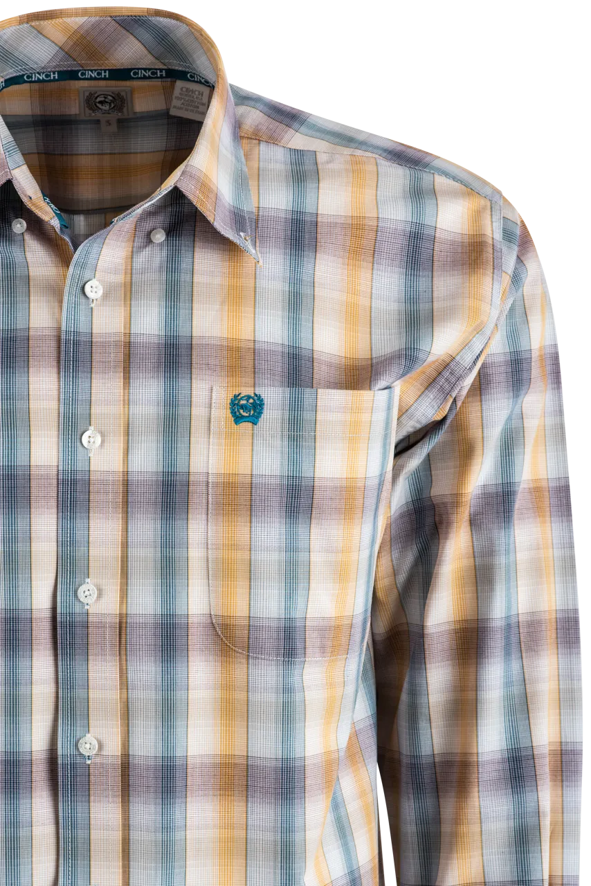 Cinch Plaid Long Sleeve Button-Front Shirt - Gold