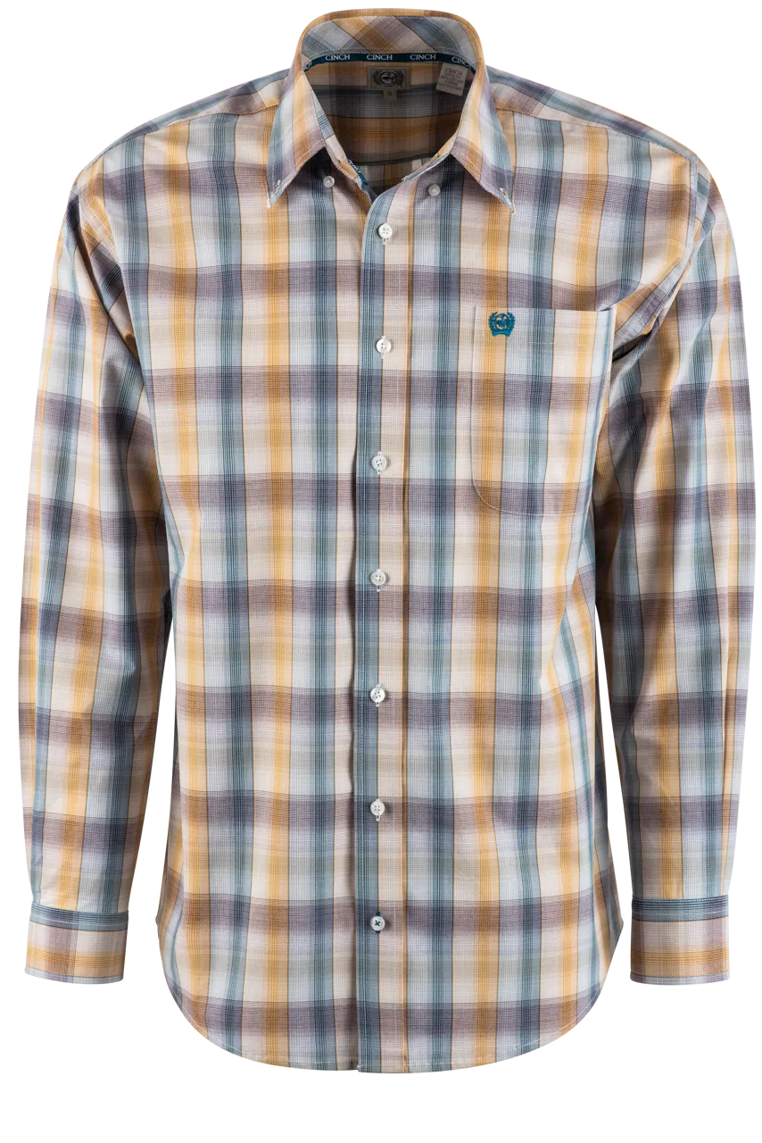 Cinch Plaid Long Sleeve Button-Front Shirt - Gold