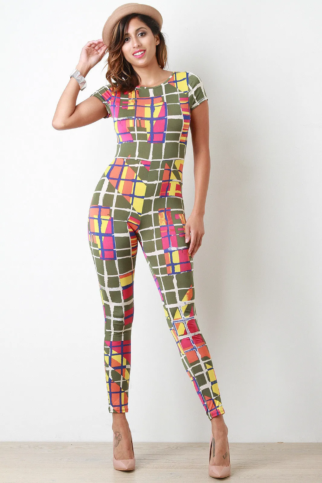 Colorful Grid Short Sleeves Jumpsuit