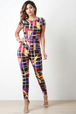 Colorful Grid Short Sleeves Jumpsuit