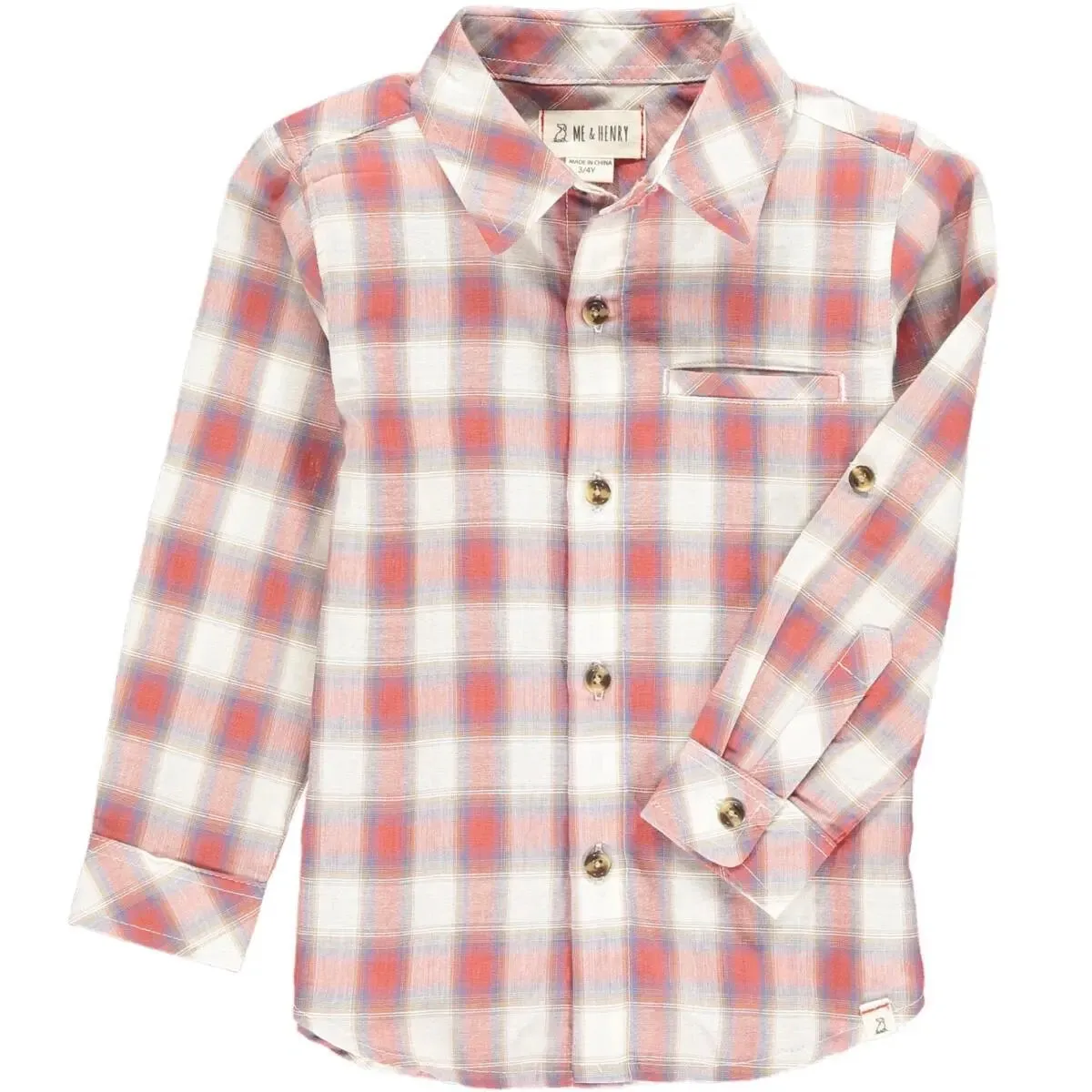 Coral/white/blue plaid woven shirt | Me & Henry