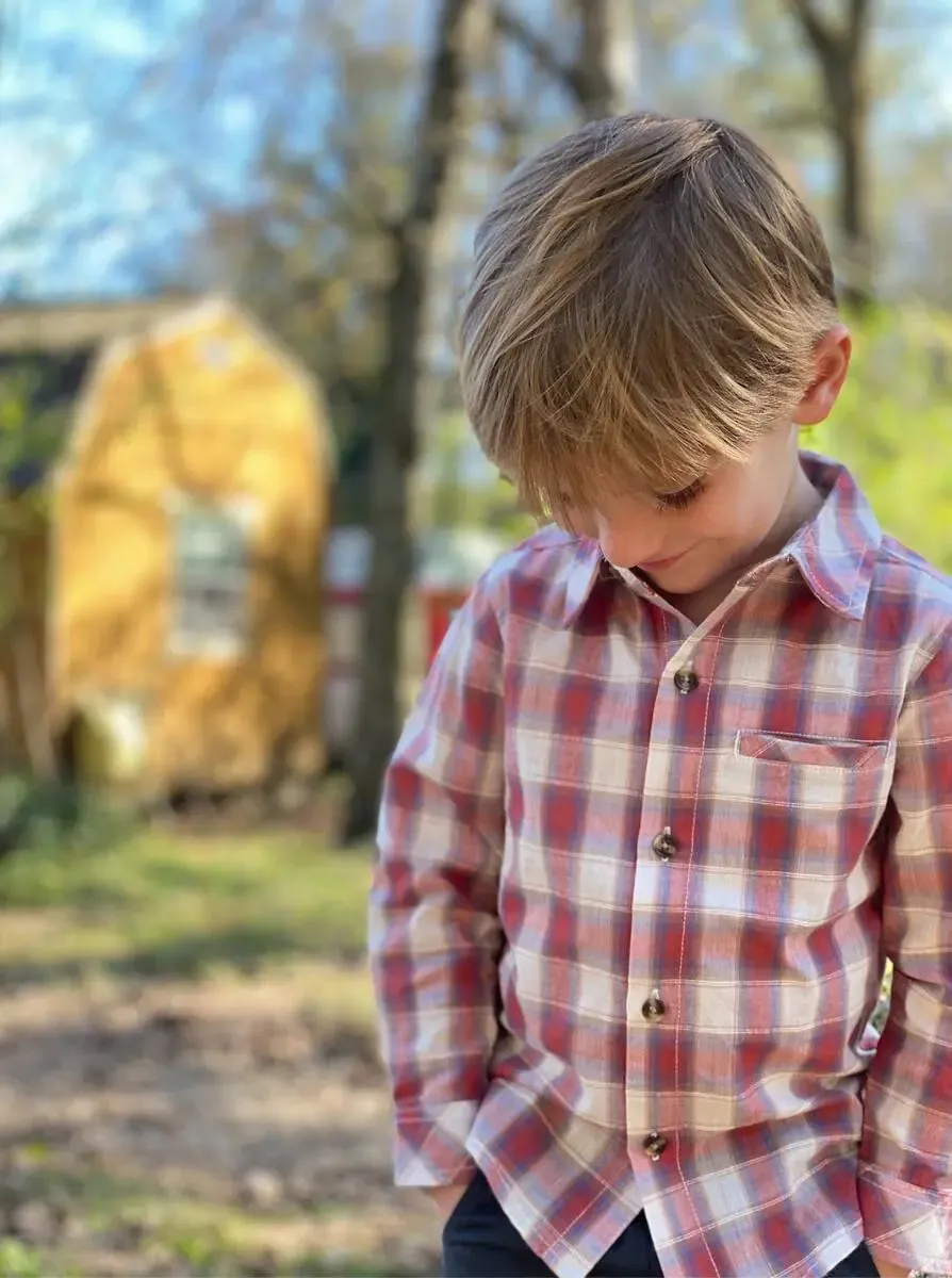 Coral/white/blue plaid woven shirt | Me & Henry