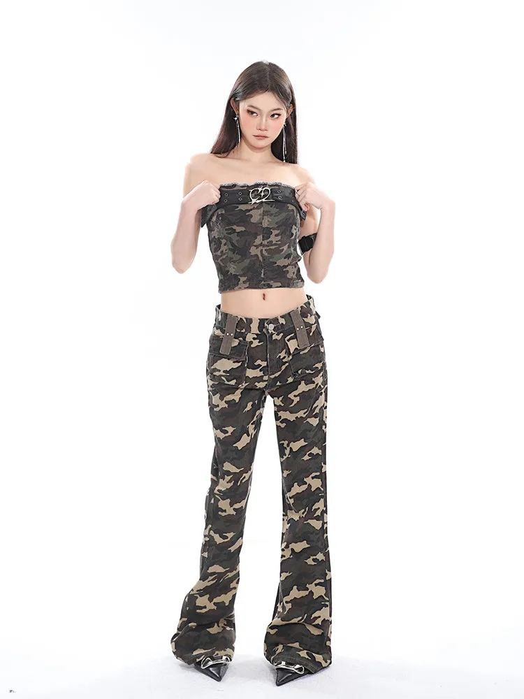 Crista Denim Army Green Camouflage Bandeau Strap Sleeveless Cropped Top