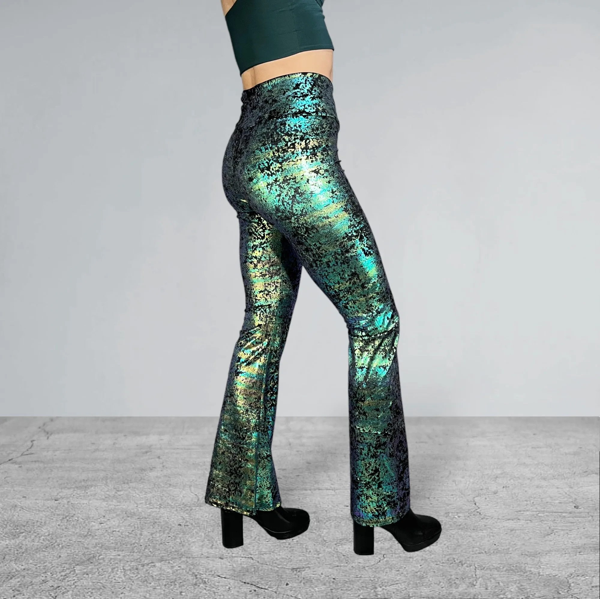 Crossover V-Waist Bootcut Flare Pants - Green on Black Gilded Velvet