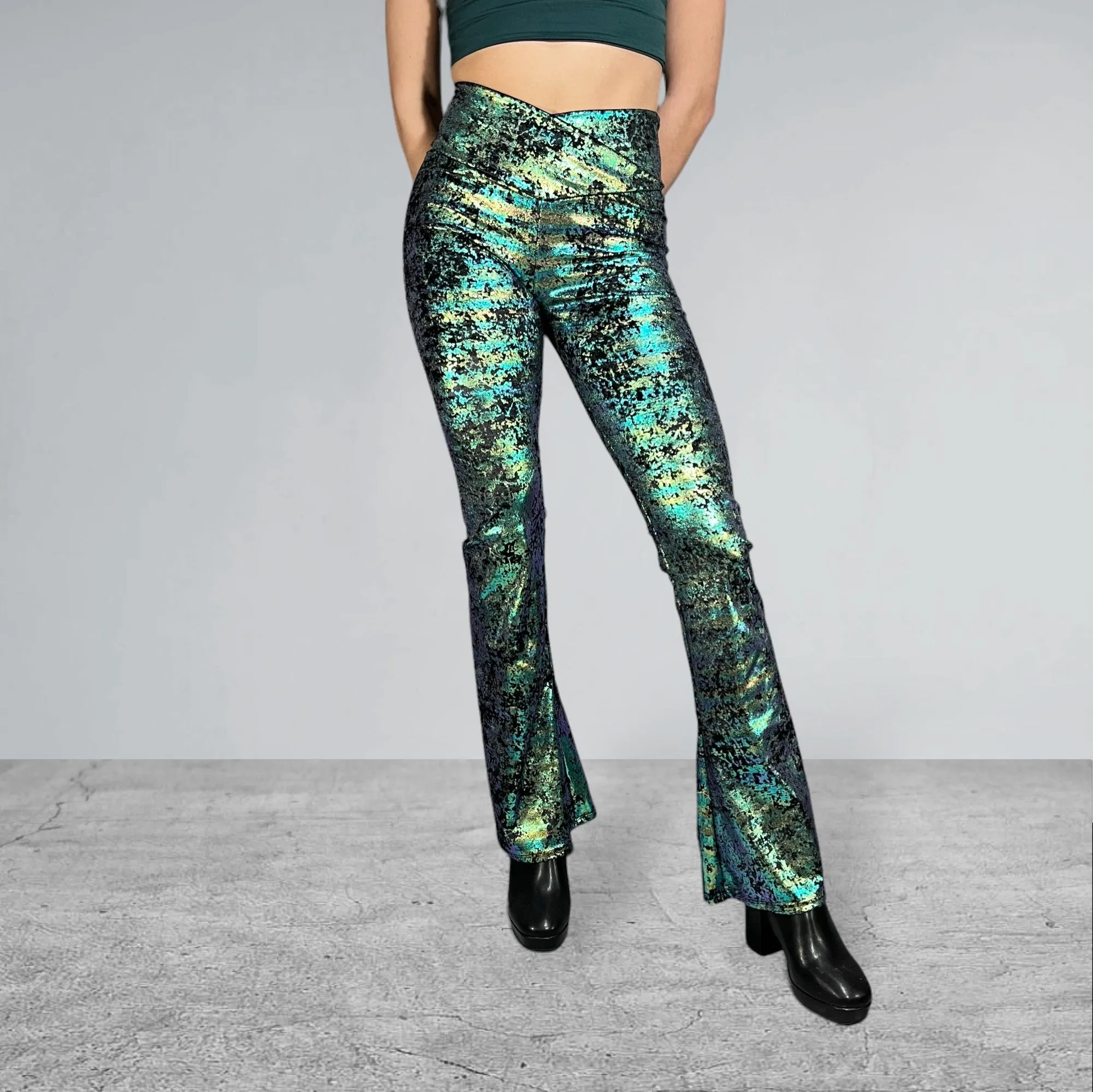 Crossover V-Waist Bootcut Flare Pants - Green on Black Gilded Velvet