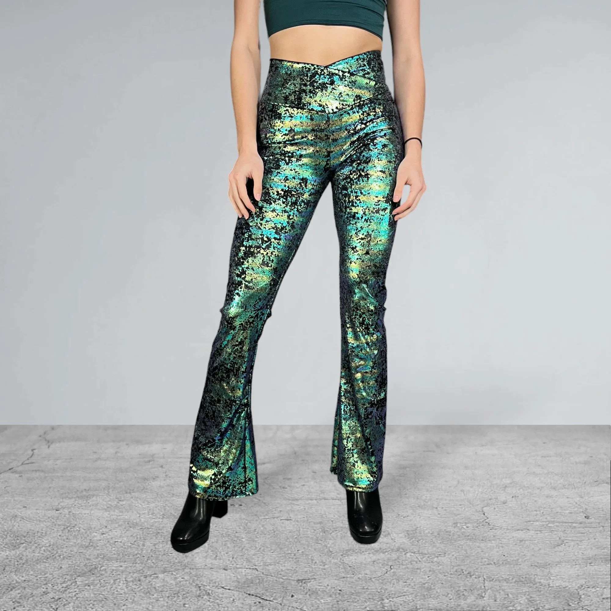 Crossover V-Waist Bootcut Flare Pants - Green on Black Gilded Velvet