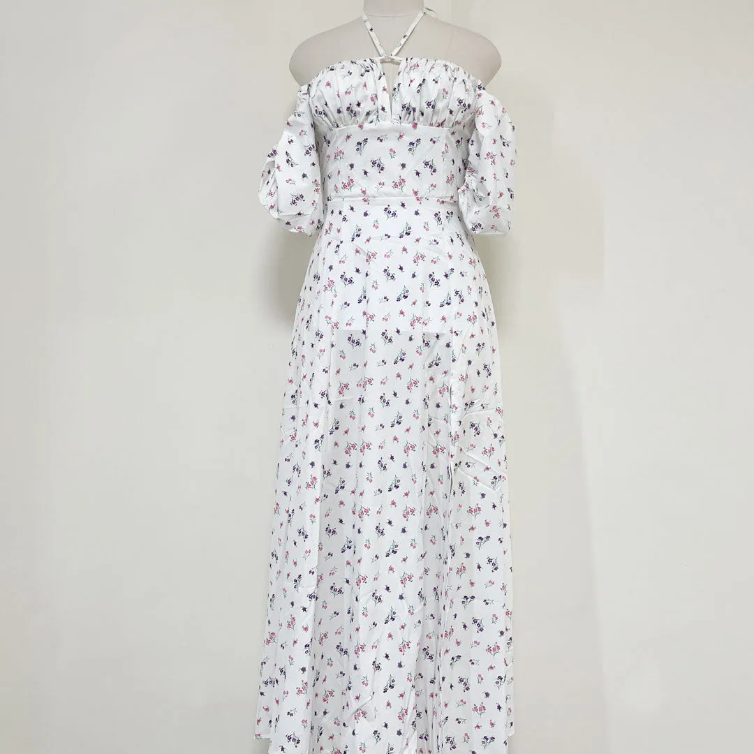 Daisy Printed Puff Sleeve High Slit Smock Maxi Sundress - White