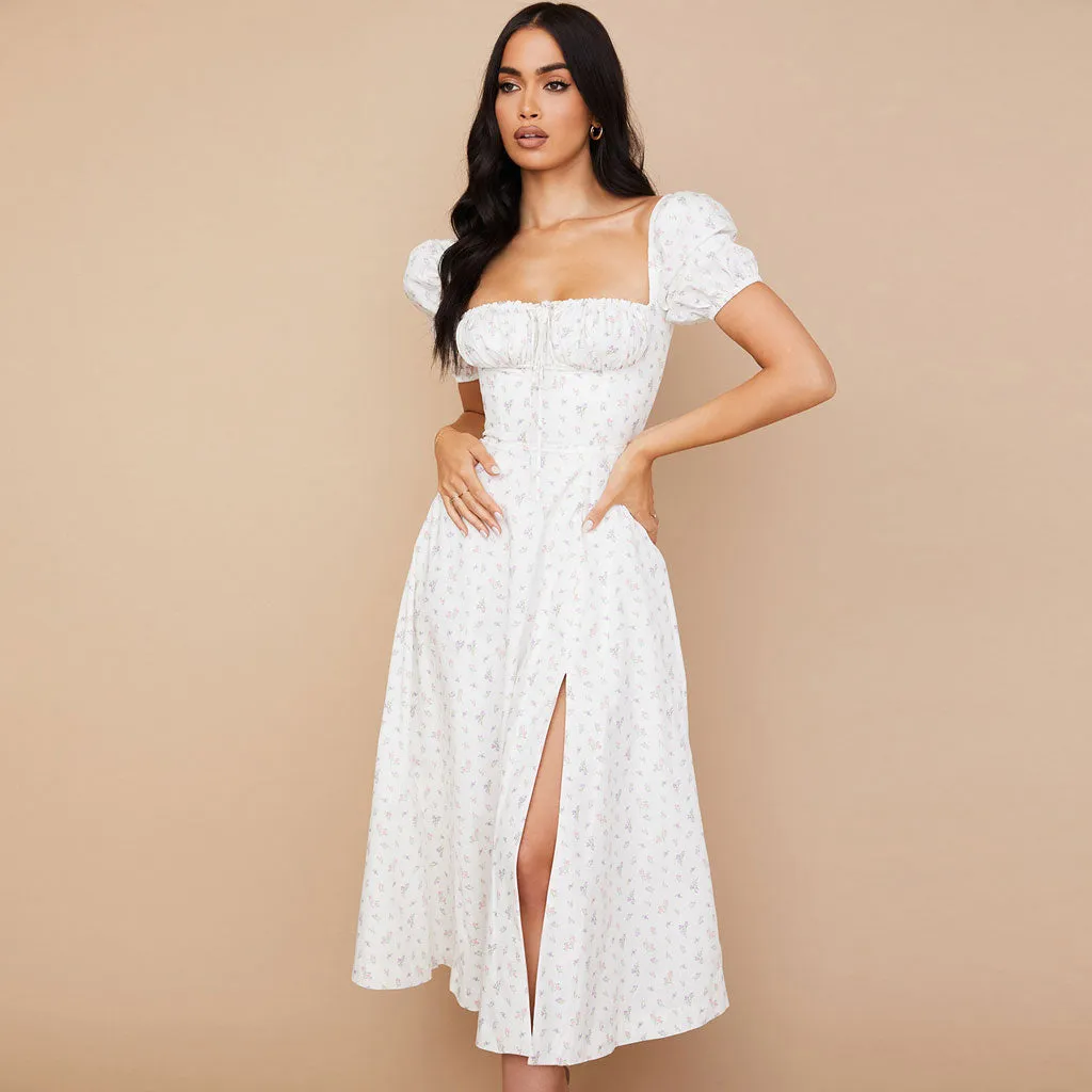 Daisy Printed Puff Sleeve High Slit Smock Maxi Sundress - White