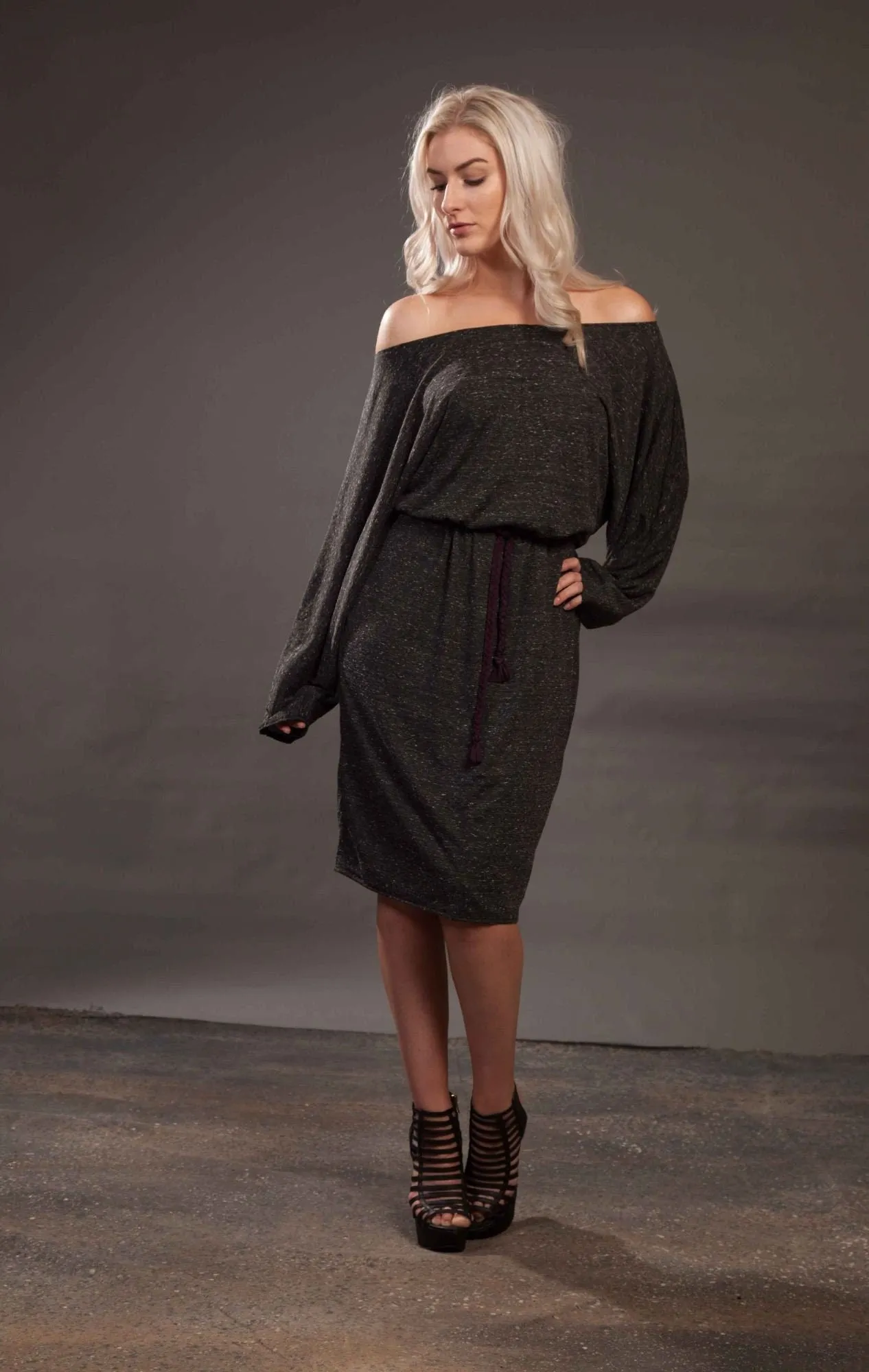 Dark Grey Long Sleeve Batwing Dress