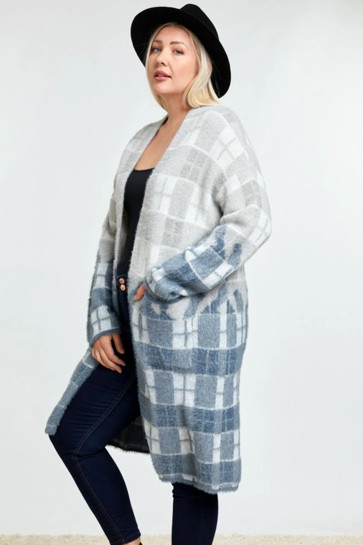 Davi & Dani Color Block Plaid Pattern Long Cardigan