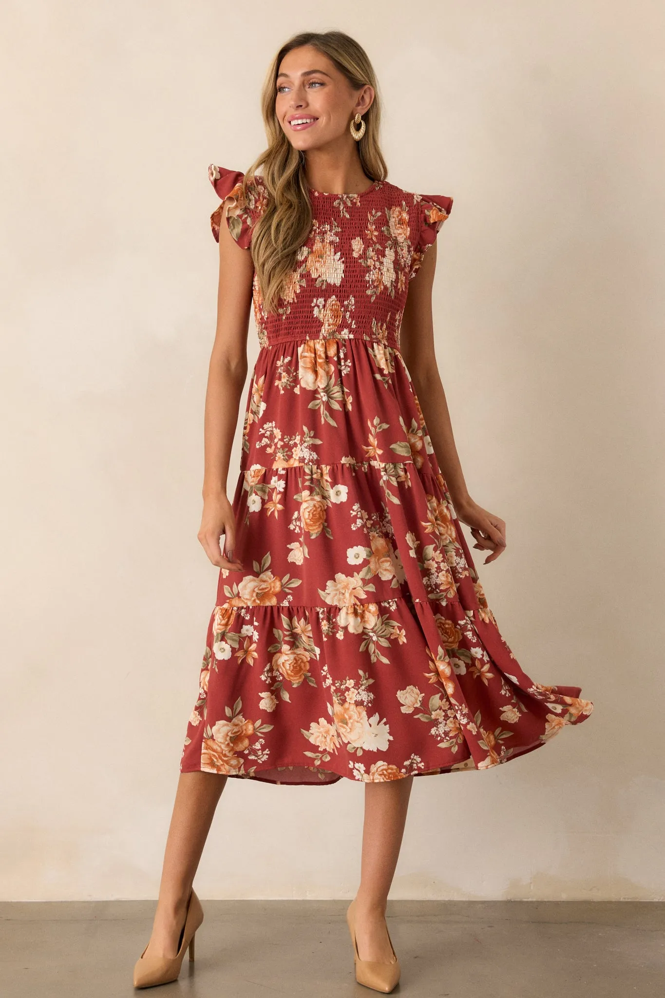 Desert Dawn Red Floral Midi Dress