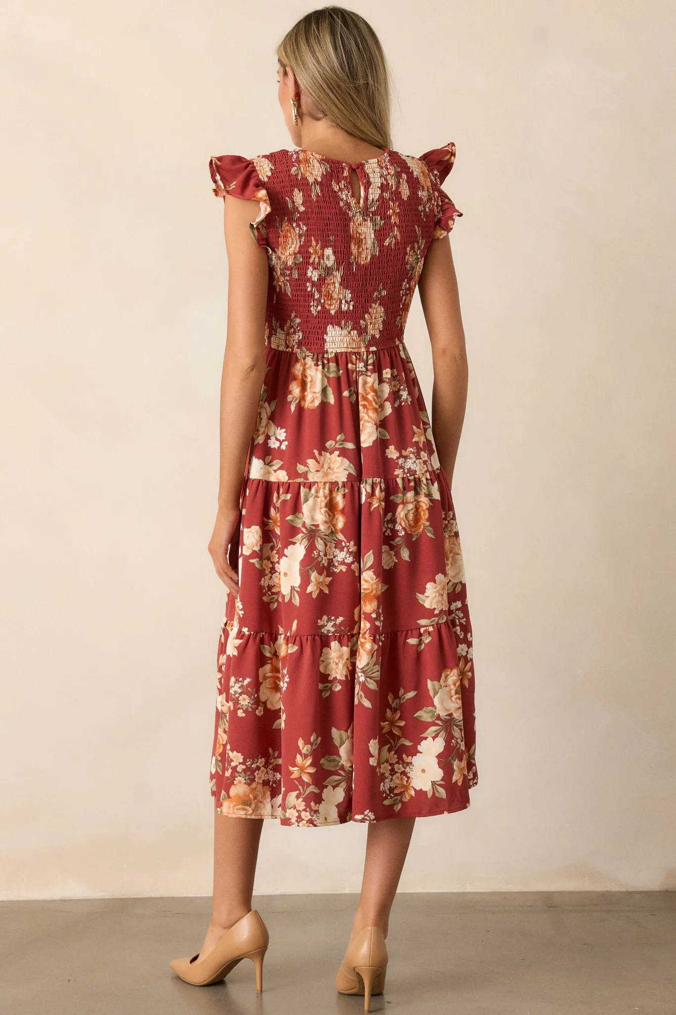 Desert Dawn Red Floral Midi Dress