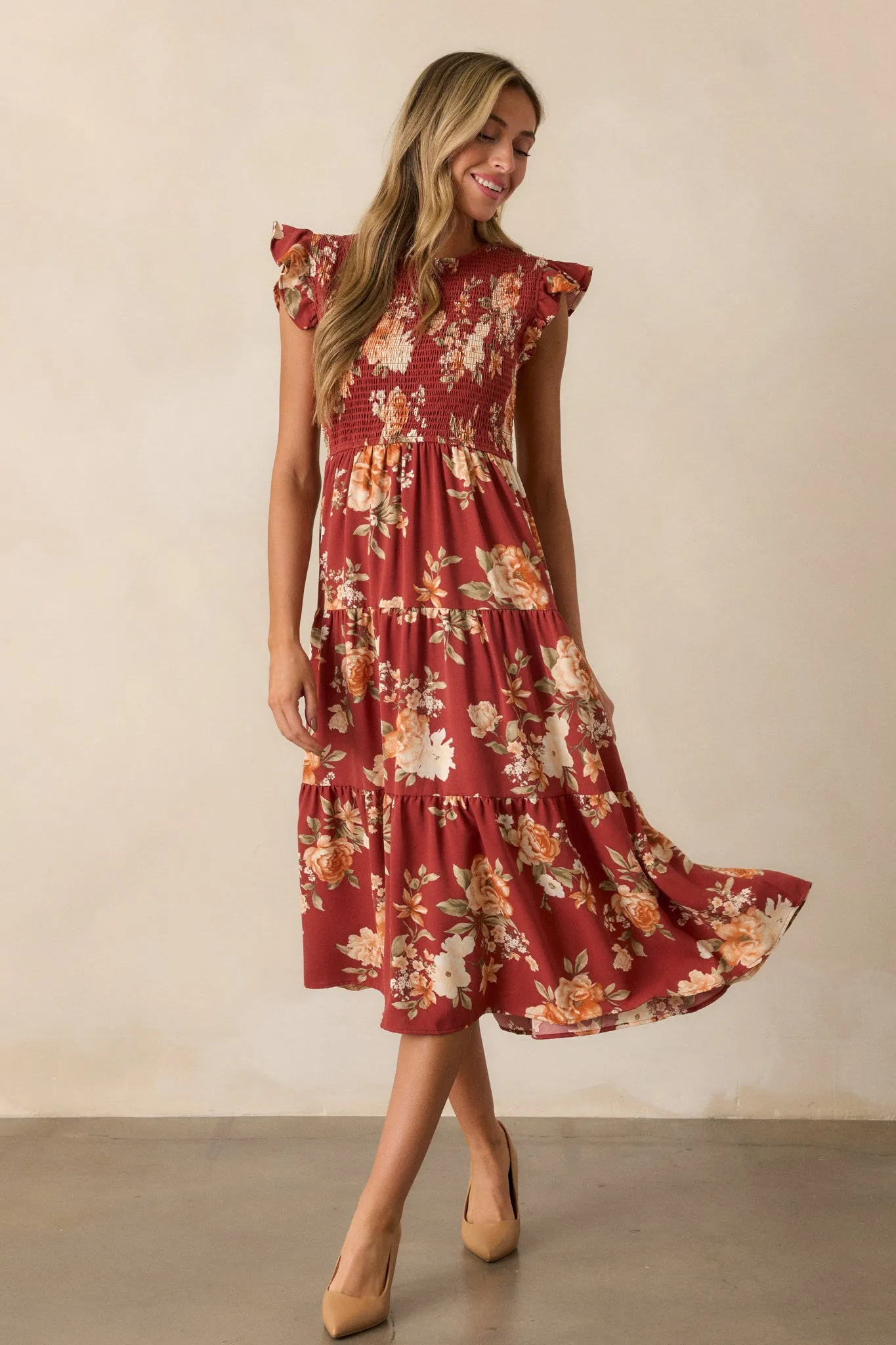 Desert Dawn Red Floral Midi Dress