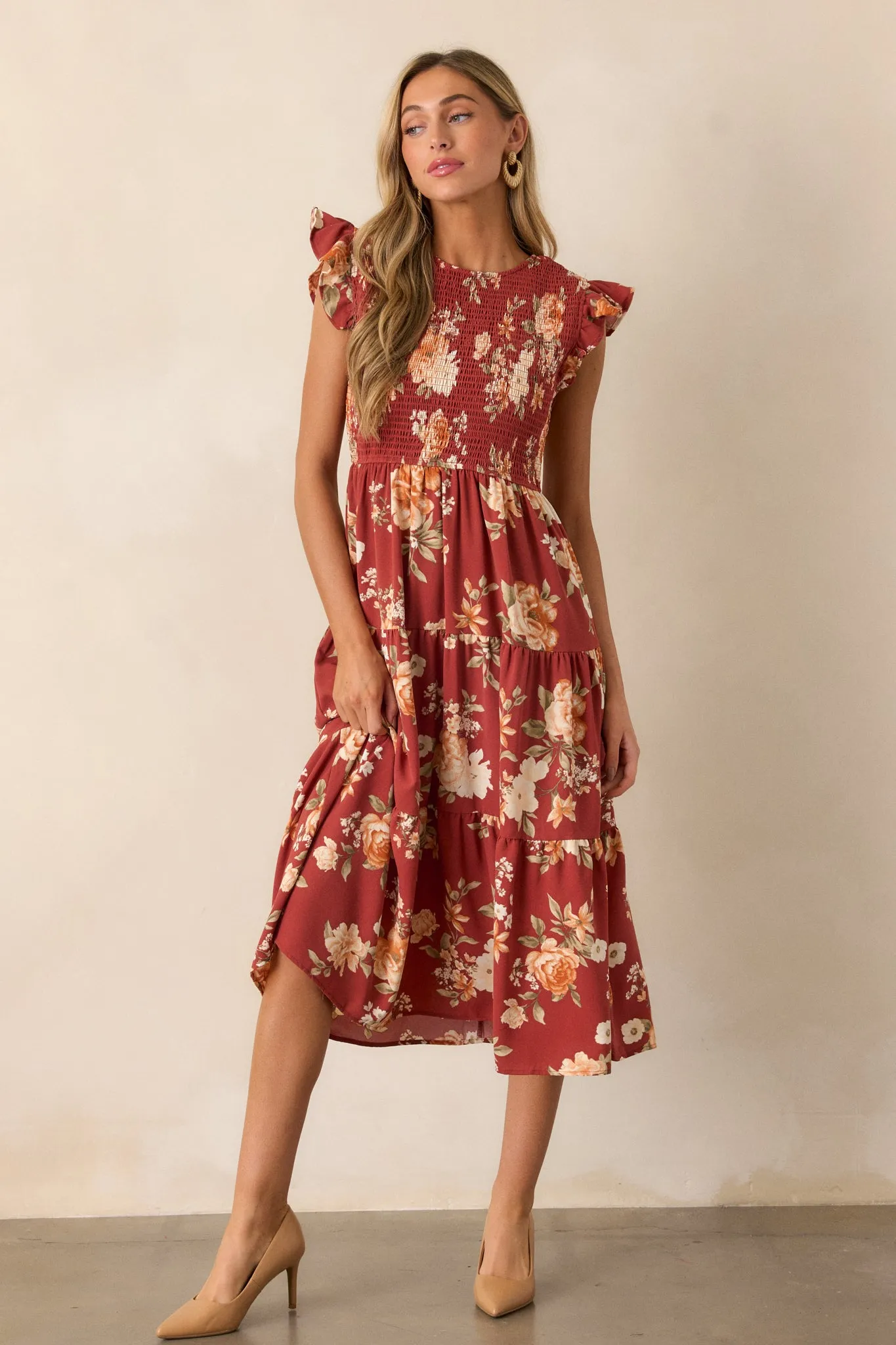 Desert Dawn Red Floral Midi Dress