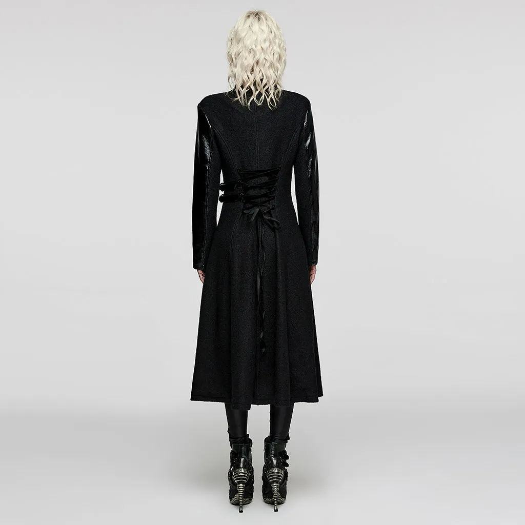 Drawstring Diagonal Pockets Creative Irregular Faux Leather Splicing Faux Leather And Woolen Fabric Gothic Thick Coat