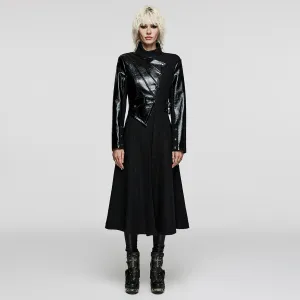 Drawstring Diagonal Pockets Creative Irregular Faux Leather Splicing Faux Leather And Woolen Fabric Gothic Thick Coat