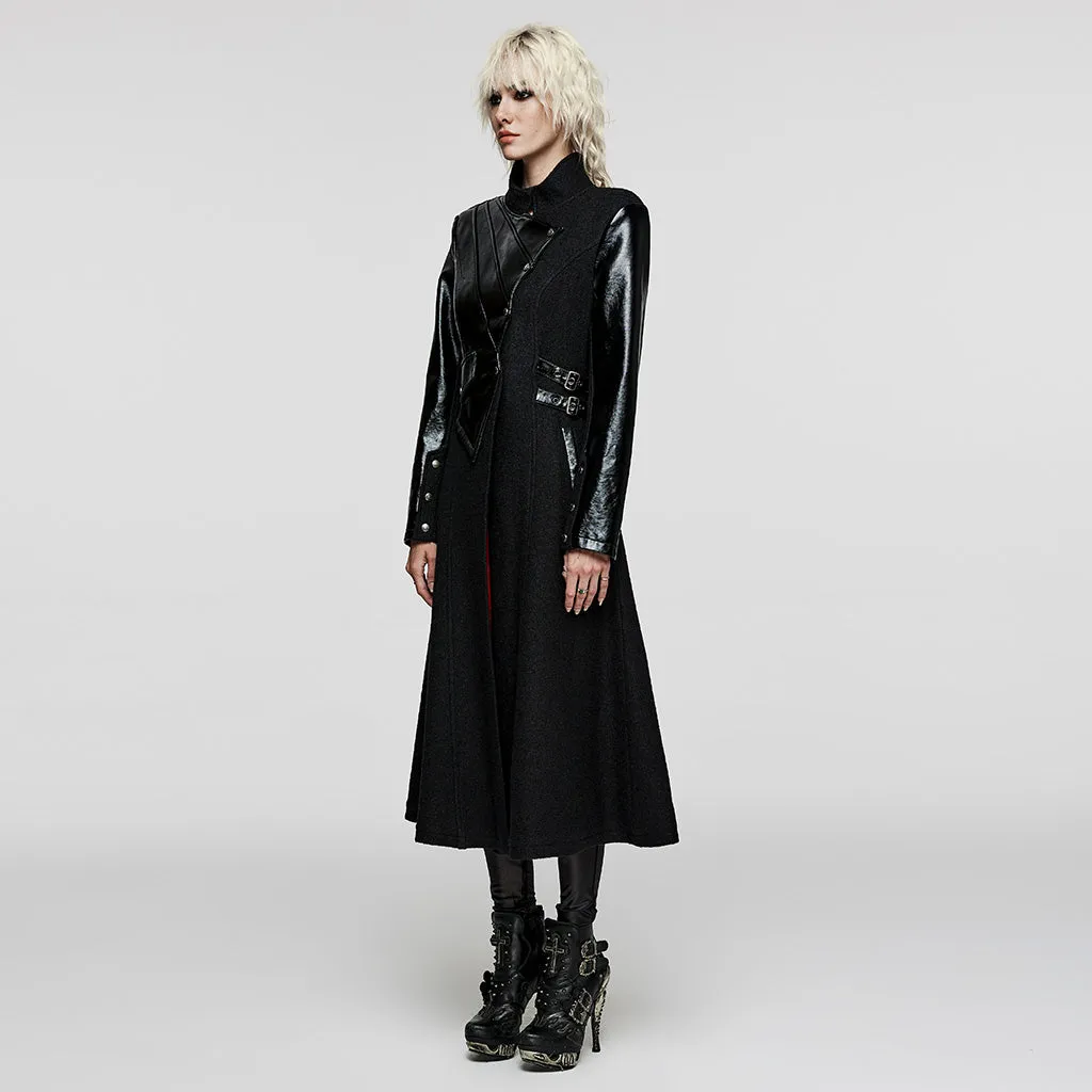 Drawstring Diagonal Pockets Creative Irregular Faux Leather Splicing Faux Leather And Woolen Fabric Gothic Thick Coat