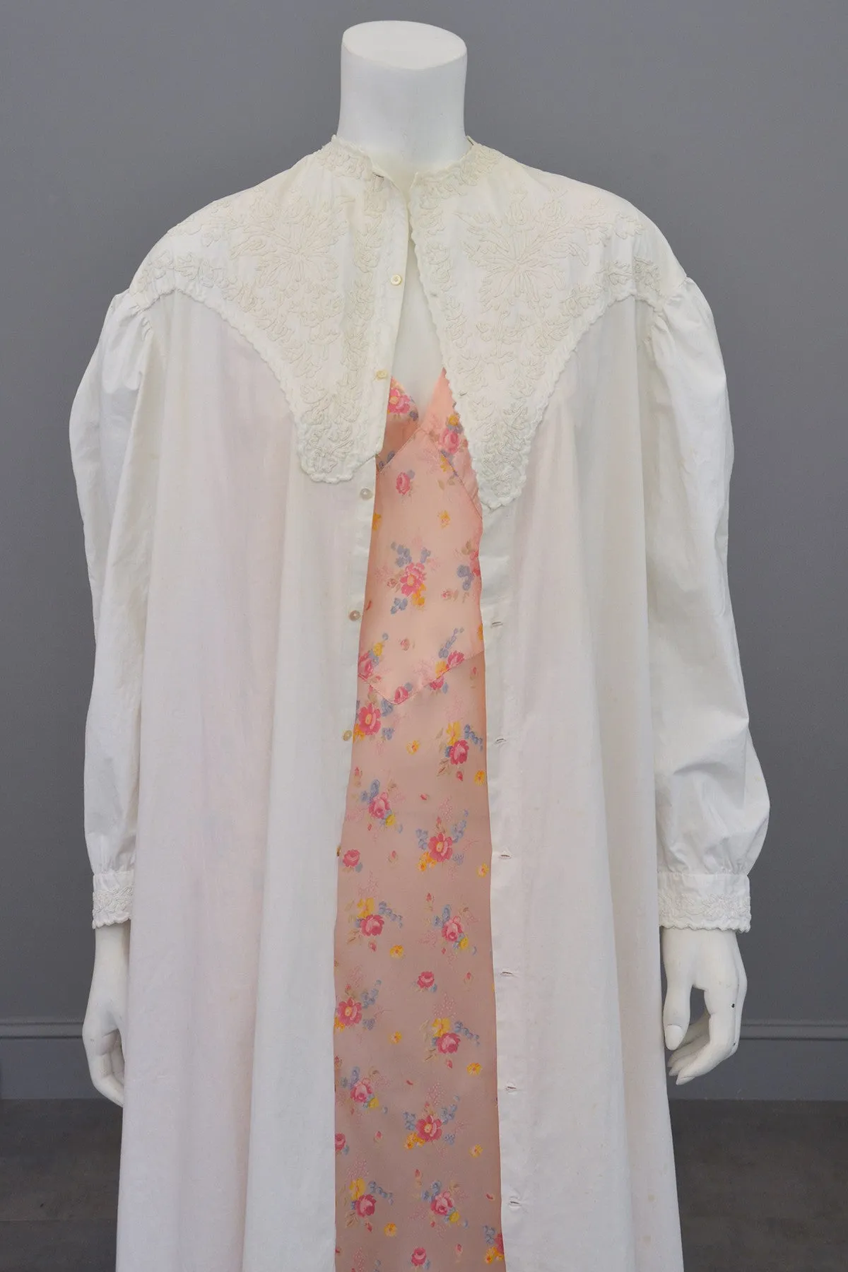 Edwardian Victorian Soutache Embroidered White Cotton 'Lab' Coat Robe Duster