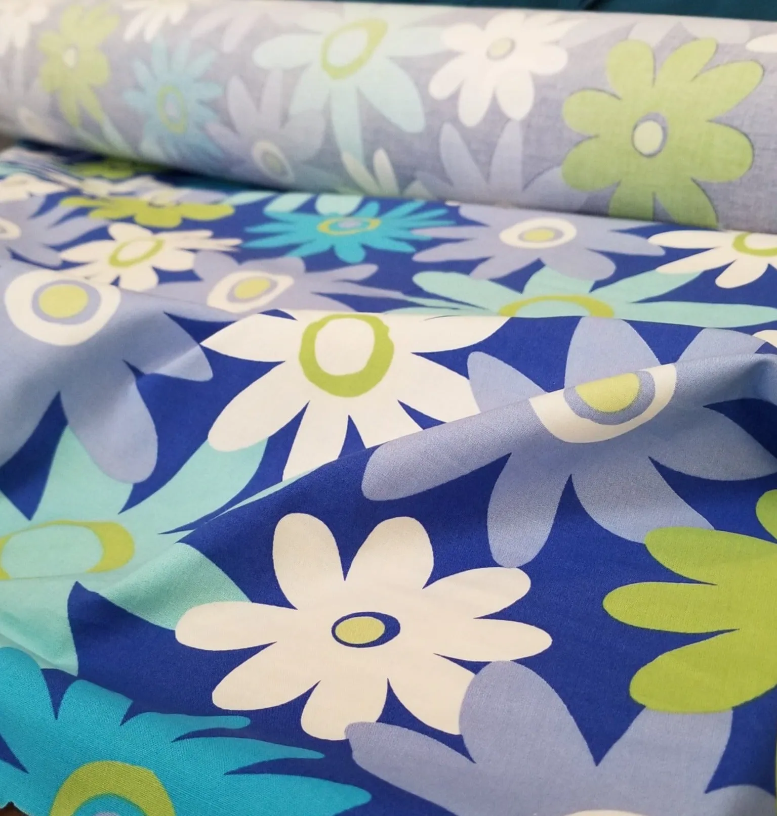 End of Bolt: 2-1/4th yards of Designer Deadstock Retro Flower Power Blue Cotton Spandex Poplin Woven- remnant