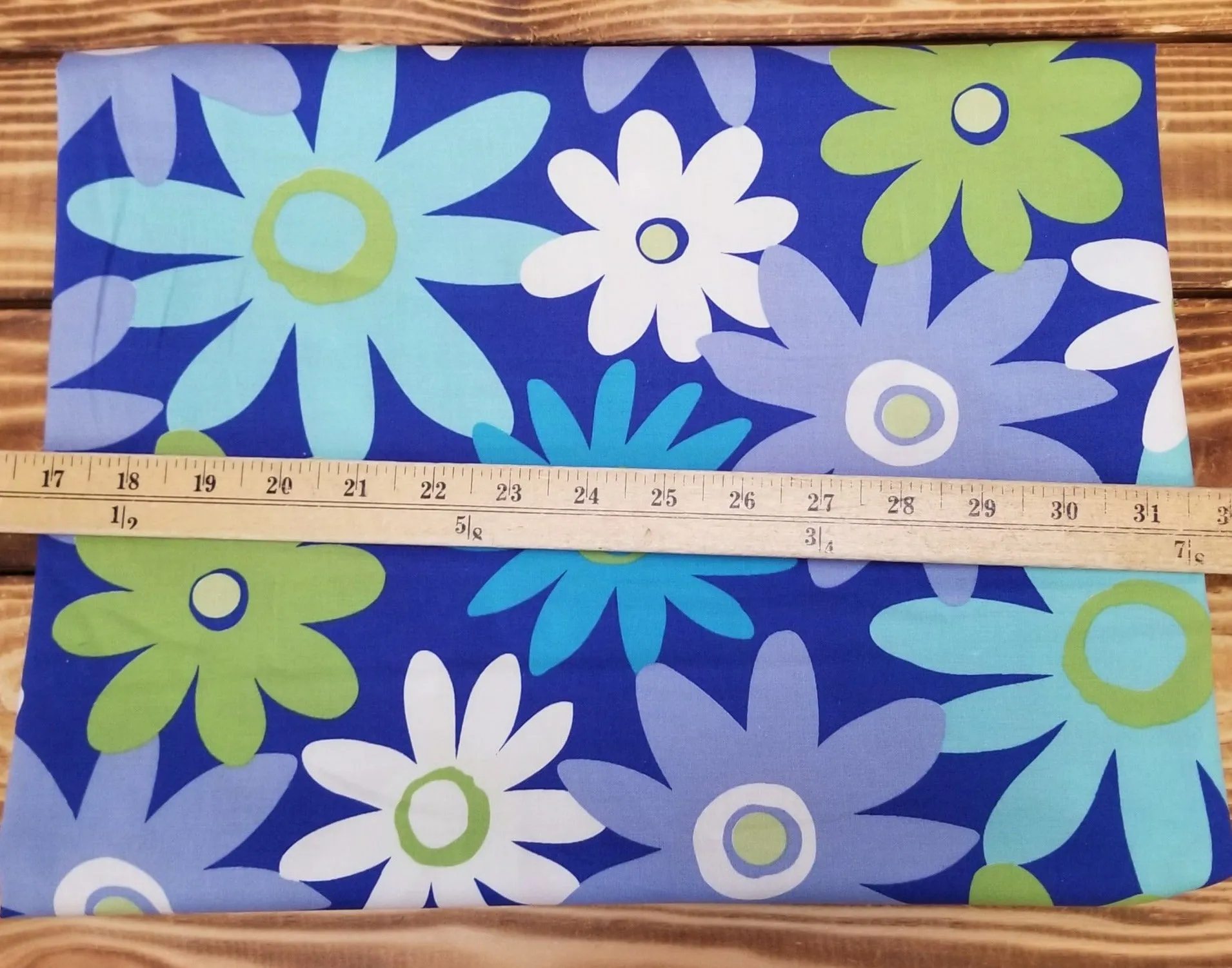 End of Bolt: 2-1/4th yards of Designer Deadstock Retro Flower Power Blue Cotton Spandex Poplin Woven- remnant