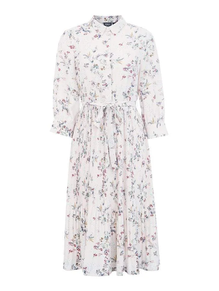 Floral Pleated A-lined Cinched Waist Chiffon Dress