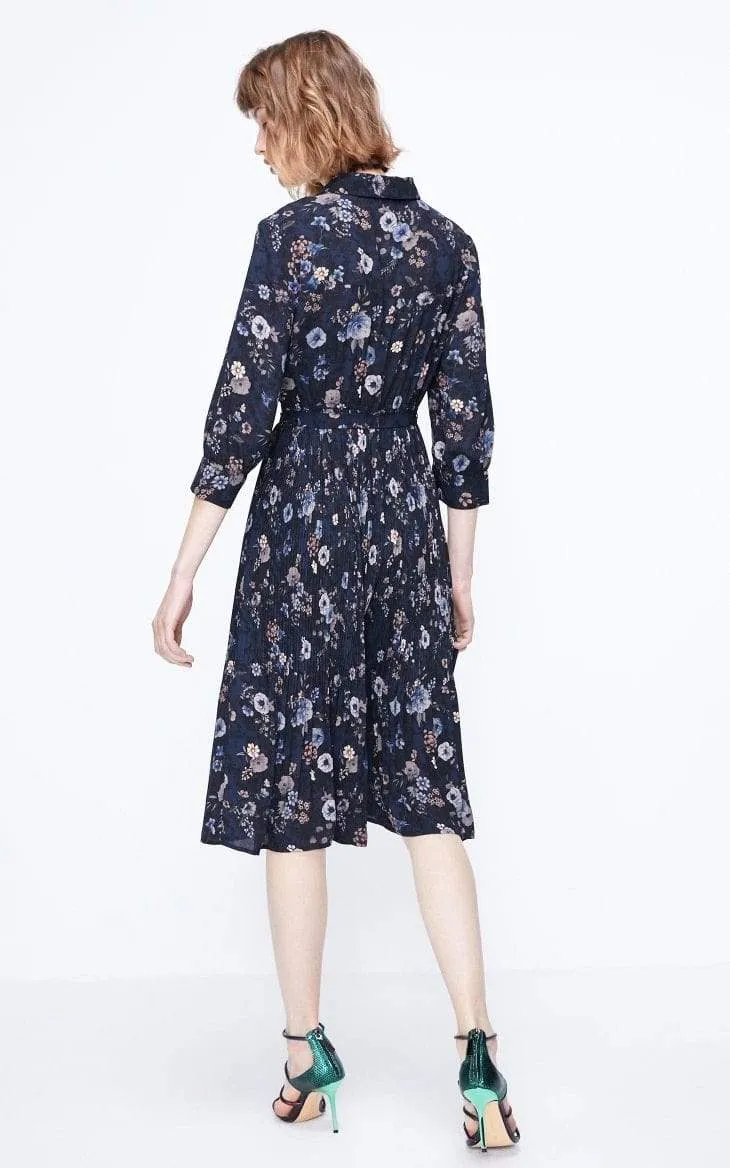 Floral Pleated A-lined Cinched Waist Chiffon Dress