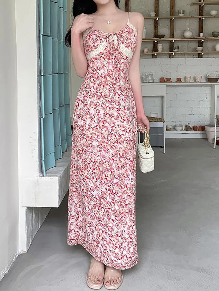 Floral Print Tie Front Maxi A-Line Dress