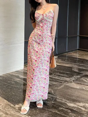 Floral Print Tie Front Maxi A-Line Dress