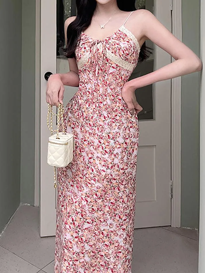 Floral Print Tie Front Maxi A-Line Dress