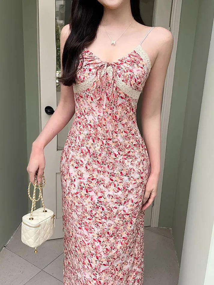 Floral Print Tie Front Maxi A-Line Dress