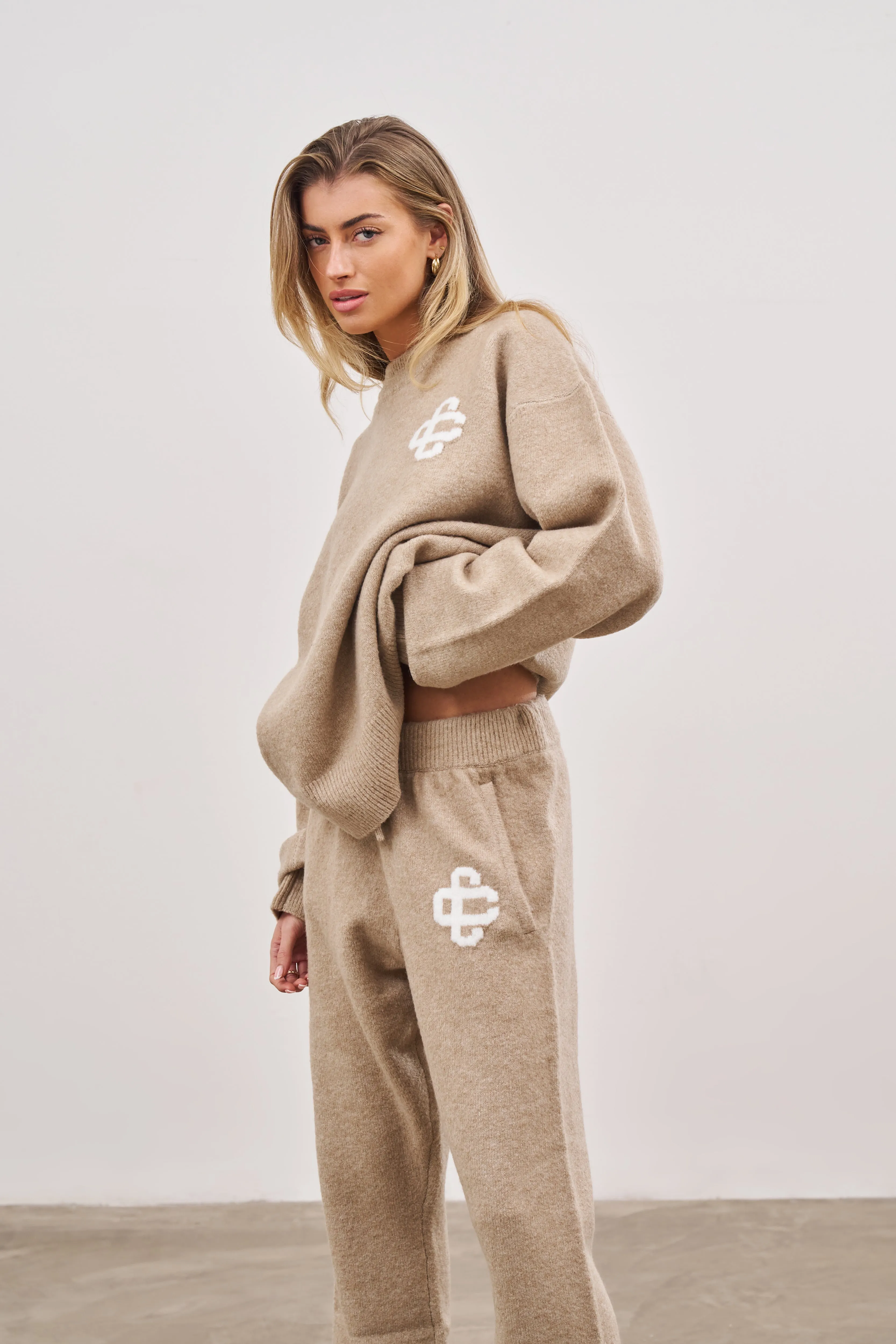 FLUFFY KNIT EMBLEM CREW - BEIGE