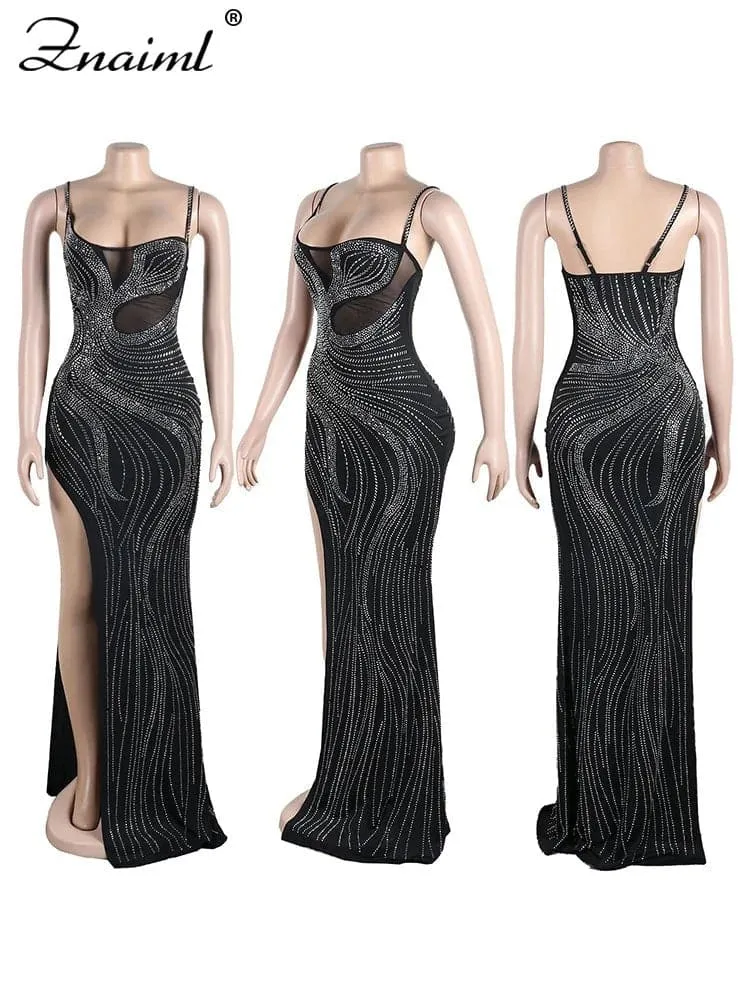 Formal Evening Dress - V-Neck Sheath Floor-Length Gown with Diamonds