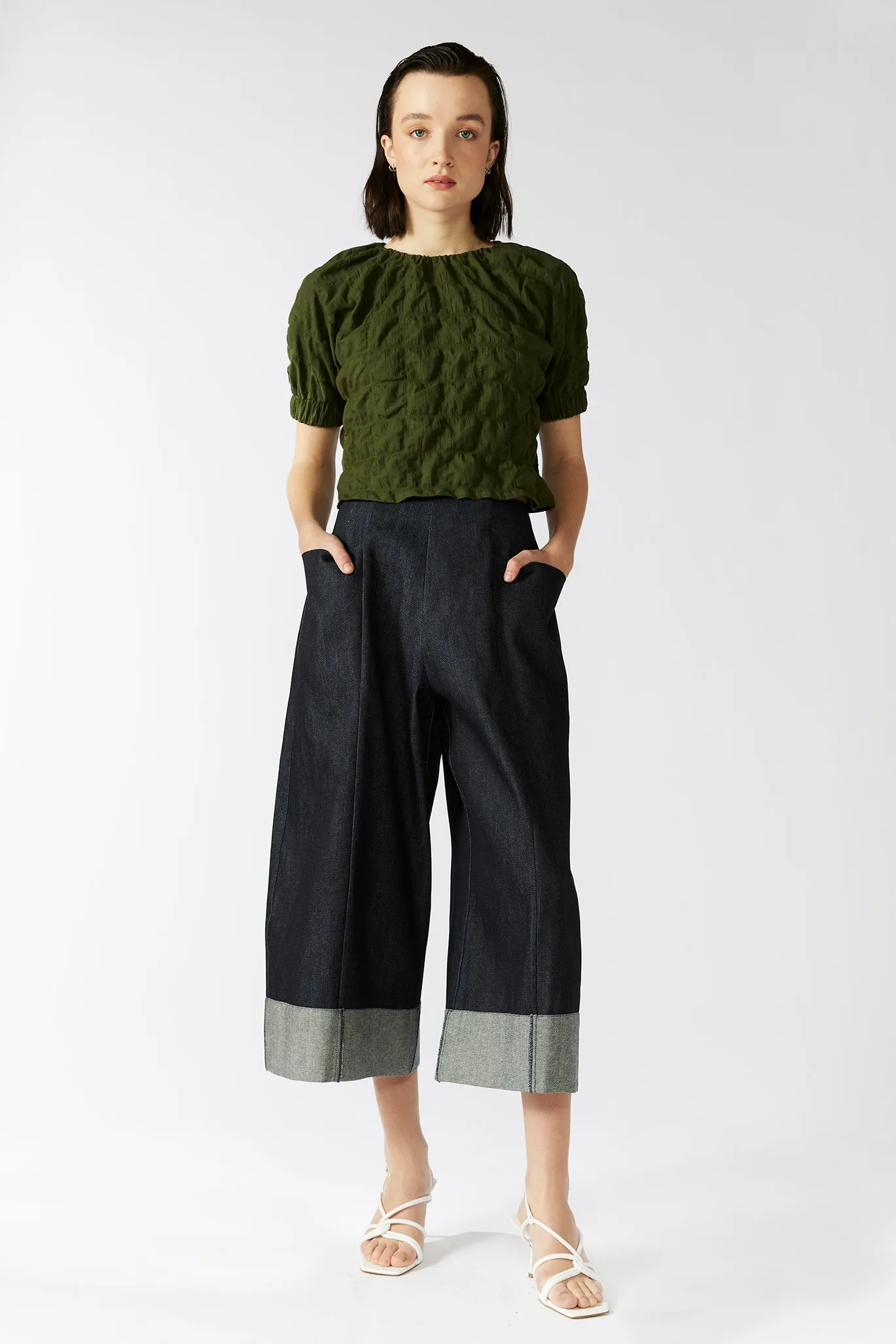 GARDENER'S CULOTTE PANTS [ Navy Denim, Wide Leg ]