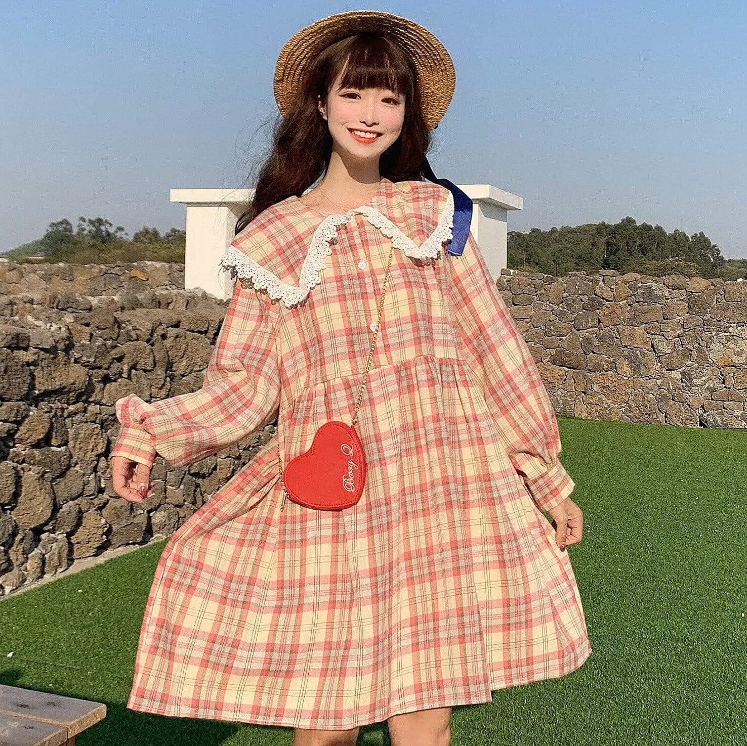 Harajuku Navy Collar Plaid Dress