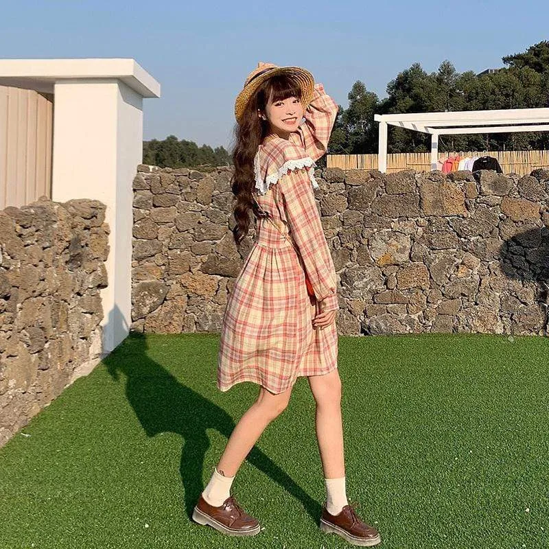 Harajuku Navy Collar Plaid Dress