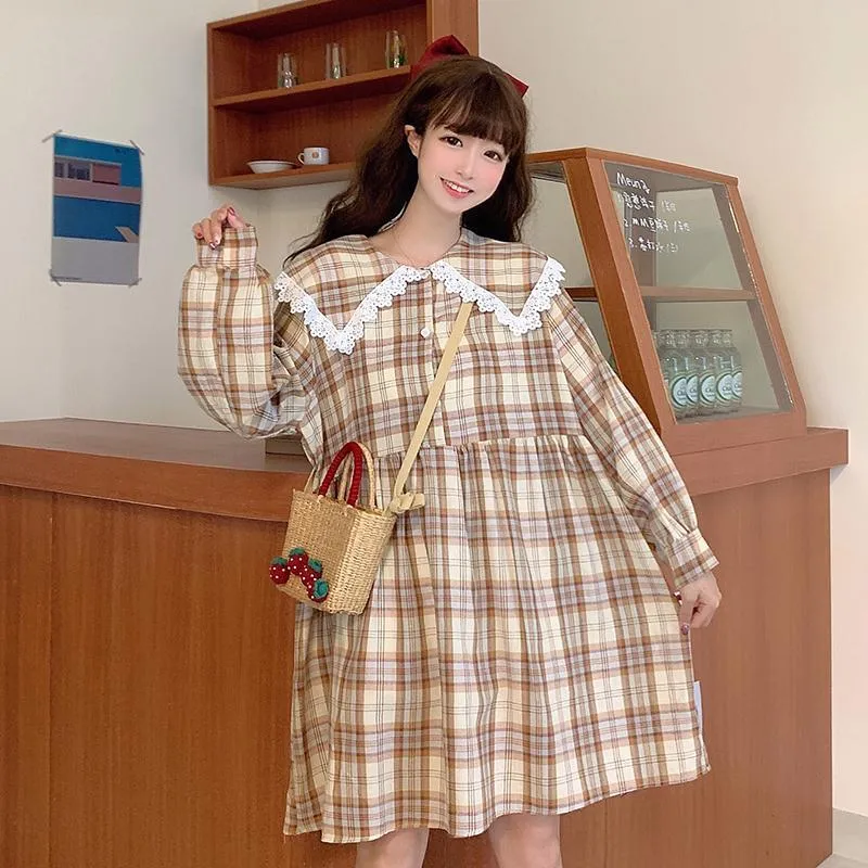 Harajuku Navy Collar Plaid Dress