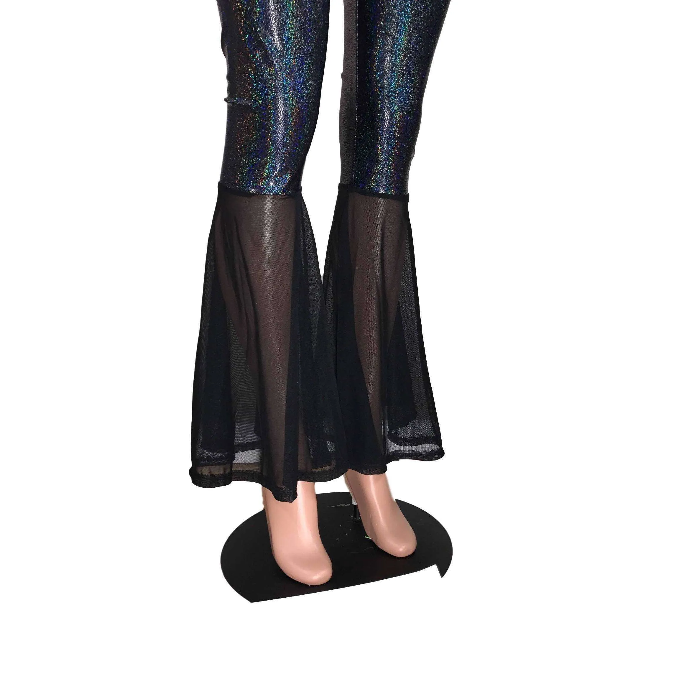 High Waist Bell Bottoms - Black Holographic & Black Mesh